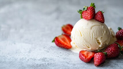 Wall Mural - close up of a scoop of vanilla ice cream with strawberries on a grey surface.