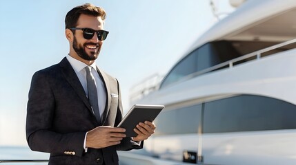 Prosperous businessman standing confidently on a luxury yacht utilizing a digital tablet and showcasing an elegant successful lifestyle