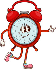 Aufkleber - School alarm clock groovy character. Cartoon vector cheerful retro personage in stylish shoes conveys a sense of fun and punctuality for time management, school routines, and lively morning starts