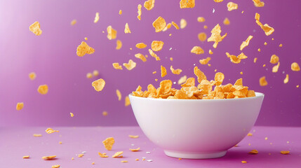 Morning breakfast food diet and healthy eating nutrition concept. Corn flakes falling in bowl cup with milk isolated on isolated pink background
