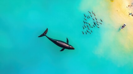 Majestic whale swimming near sandy beach and seals