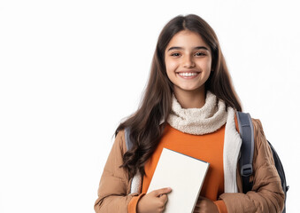 Canvas Print - indian female student smiling and holding books on white background