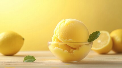 Wall Mural - close-up of a glass bowl of lemon sorbet with fresh lemons and a mint leaf on a wooden table.