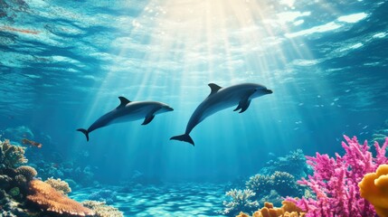 Wall Mural - Graceful Dolphins Swimming in Coral Reef Paradise