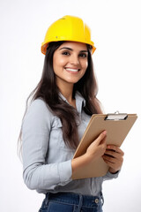 young indian female engineer holding clipboard