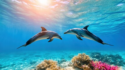 Wall Mural - Playful Dolphins Swimming in Clear Blue Water