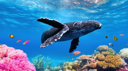 Wall Mural - Majestic Humpback Whale Swimming Among Coral Reef