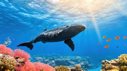 Wall Mural - Beautiful Humpback Whale Swimming in Coral Reef