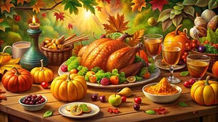 In a playful cartoon world, a Thanksgiving table brims with a golden turkey, bright pumpkins, and swirling autumn