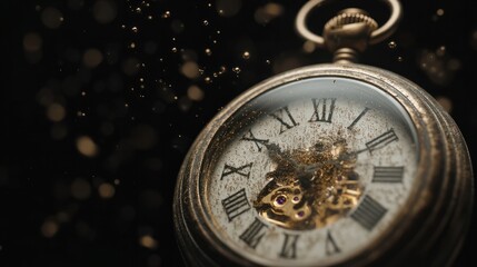 An old pocket watch with floating particles symbolizing the passing of time against a black background. Time and countdown concept banner.