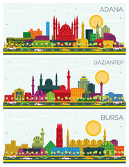 Poster - Bursa, Gaziantep and Adana Turkey City Skyline set with Color Buildings and Blue Sky. Cityscape with Landmarks.