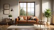© chaiwat - Cozy living room with brown couch, armchair, and large window