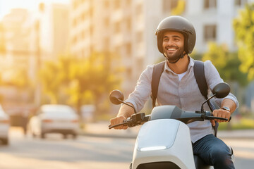 young indian man wearing helmet and riding scooter