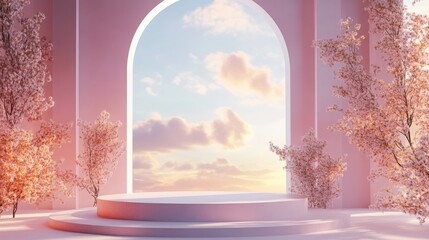 Wall Mural - 3D illustration of a natural beauty podium with a whimsical sky backdrop, creating a romantic atmosphere for product presentation