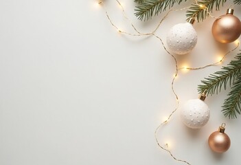 A minimalist Christmas background with Scandinavian-style decorations, including neutral-colored ornaments, wooden accents, and soft glowing light