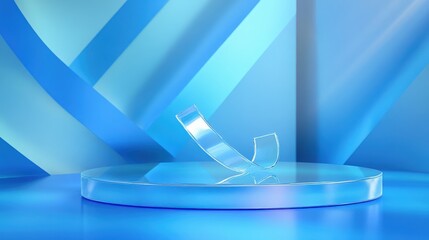 Wall Mural - 3D illustration of a podium with a floating glass ribbon on water, set against a vibrant holographic blue geometric background.