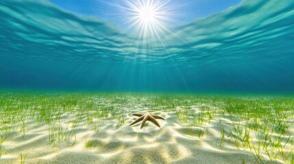 Wall Mural - Underwater Scene with Starfish and Sunlight