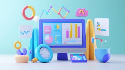 3D illustration of web analytics and SEO marketing tools, featuring data visualization, optimization icons, and growth indicators for modern digital success