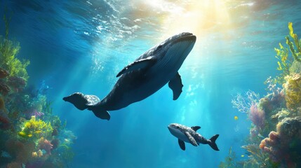 Sticker - Majestic Whales Swimming Among Colorful Coral Reef