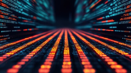 Colorful data flow with digital elements on a dark background.
