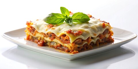 Delicious homemade lasagna with meat and cheese on a white plate.