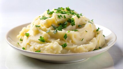 Delicious mashed potatoes served on a white dish against a black background macro closeup