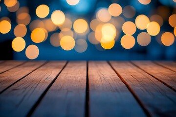 Bokeh abstract background with a wooden surface on foreground, decorative wallpaper