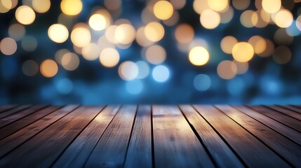 Bokeh abstract background with a wooden surface on foreground, decorative wallpaper