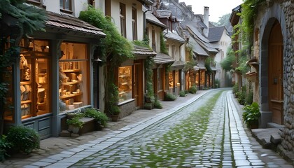 Wall Mural - Charming cobblestone street lined with quaint shops and stunning European architecture in a tranquil village setting