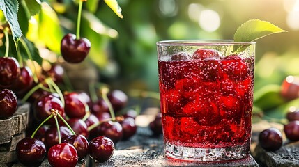 Wall Mural - Glass of cherry soda with cherries and a green leaf on a wooden table.