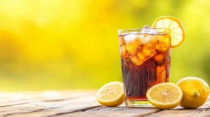 Sticker - Glass of cola with ice and lemon slices on a wooden table.