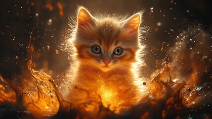 Wall Mural - Adorable orange kitten with blue eyes surrounded by a golden liquid splash.