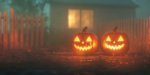 Two glowing Jack-O'-Lantern pumpkins placed in a foggy yard, creating a spooky Halloween atmosphere with their carved faces and eerie lighting, perfect for haunted decor, seasonal displays, or festive