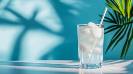 Wall Mural - glass of ice water with straw on marble surface against a blue background.