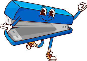 Poster - School education stapler groovy character with a cheerful and lively face, posing energetically, showcasing creativity and fun. Cartoon vector stationery item ready for educational and office tasks