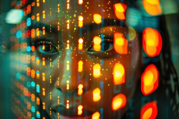 Wall Mural - a close-up of a person's face with a digital overlay. ai.