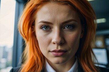 Poster - A woman with red hair looks directly at the camera. AI.