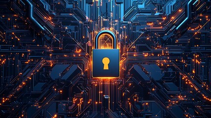 Digital illustration of metallic orange and blue padlock on data nodes and binary design abstract background, technological cyber security related concept