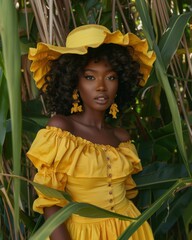 Wall Mural - A woman in a yellow dress and hat poses in a lush green garden. AI.