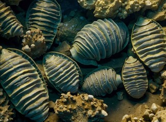 Wall Mural - A group of segmented marine creatures with hard shells. AI.