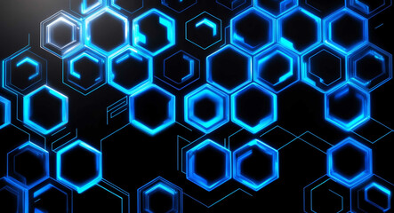 Poster - Blue holographic hexagons creating futuristic tech patterns on black background