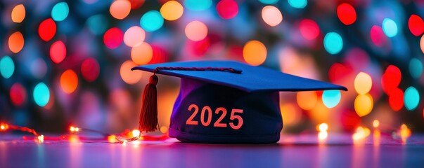 The number 2025 features bokeh lights and a graduation hat.