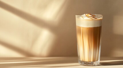 Wall Mural - glass of iced coffee with caramel and whipped cream on a beige background with shadows.