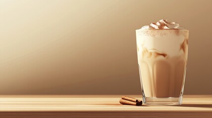 Wall Mural - Glass of Iced Coffee with Whipped Cream and Cinnamon on a Wooden Table.