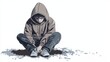 © Johannes - down and out young boy in a hoodie sitting on ground looking depressed. mental health concept. sketch style animation loop.