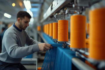Man Working in Textile Factory with Orange Yarn Spools