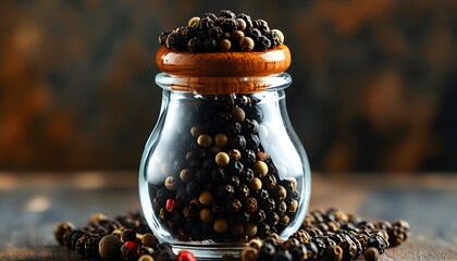 Versatile seasoning in a glass jar filled with whole black peppercorns