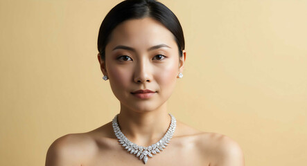 Poster - Japanese woman wearing diamond necklace on a pale yellow background