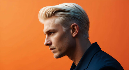 Poster - Side portrait of blonde man on a vibrant orange background with bold contrast