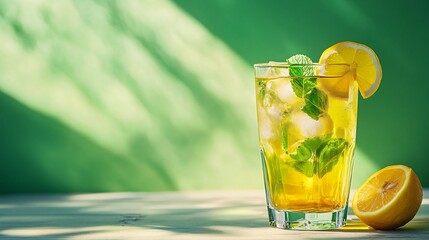 Sticker - Glass of iced tea with lemon and mint on a wooden table, summer drink on a green background.